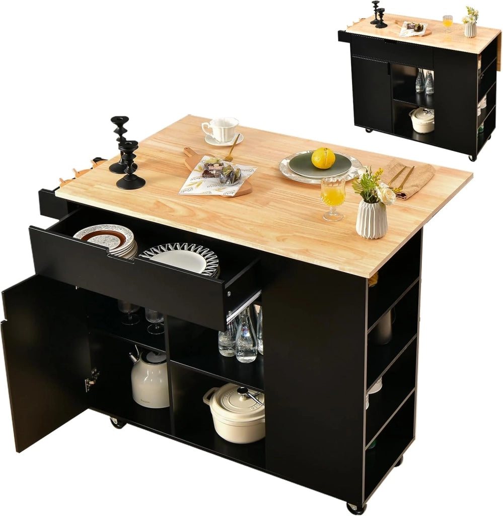 Carrello da Cucina a Isola in Legno, Carrello di Servizio con Piano di Lavoro Estraibile, Mobile da Cucina con Cassetto, Ripiano Regolabile, Carrello da Cucina a Isola (Nero)