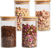 Set di contenitori di conservazione per cucina a forma di vaso in vetro chiaro con coperchi in bambù naturali a chiusura ermetica da 700 ml.