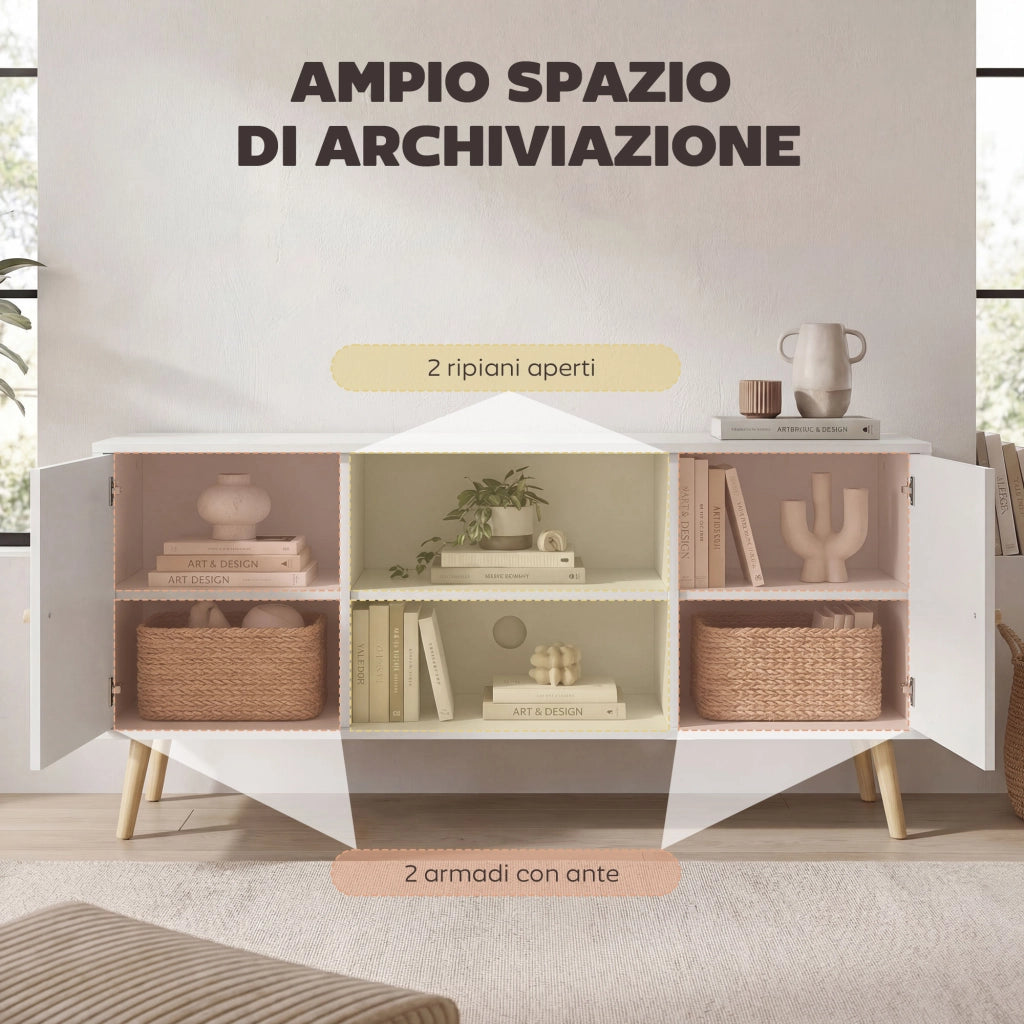 Mobile TV 55" max con 2 Armadietti e 2 Ripiani Aperti, in Legno e Truciolato, 120x34x50 cm, Bianco