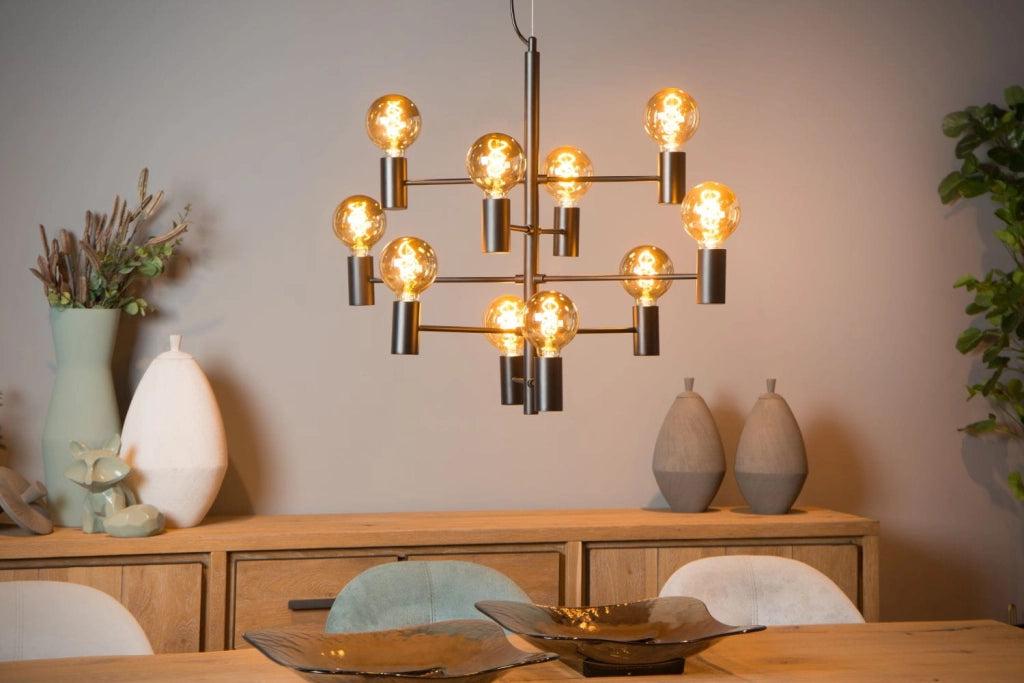Lampadario Lucide Leanne nero in metallo 10xE27 dimmerabile