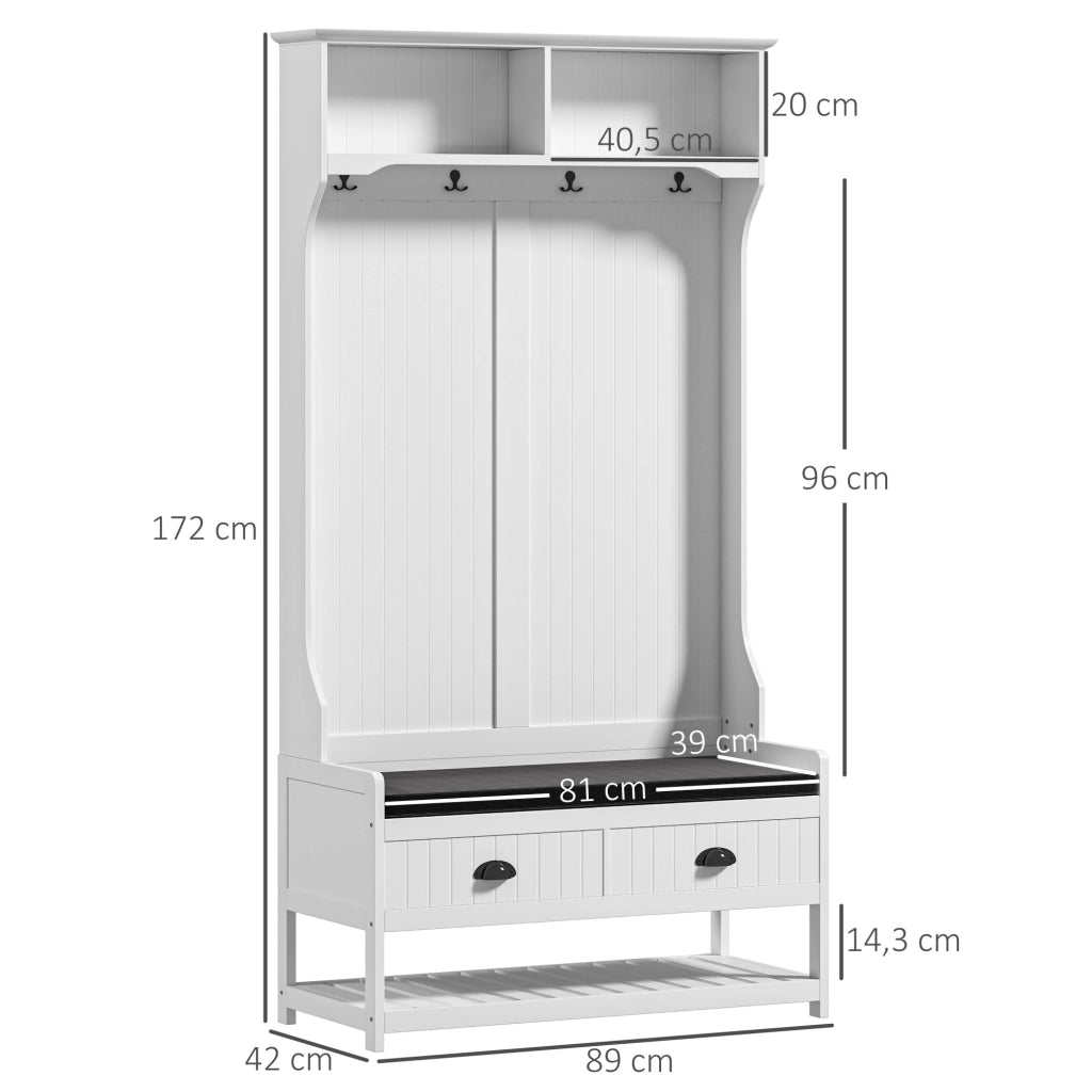 Appendiabiti da ingresso 2 in 1 con panca porta scarpe, ripiani e cassetti, struttura in MDF, bianco