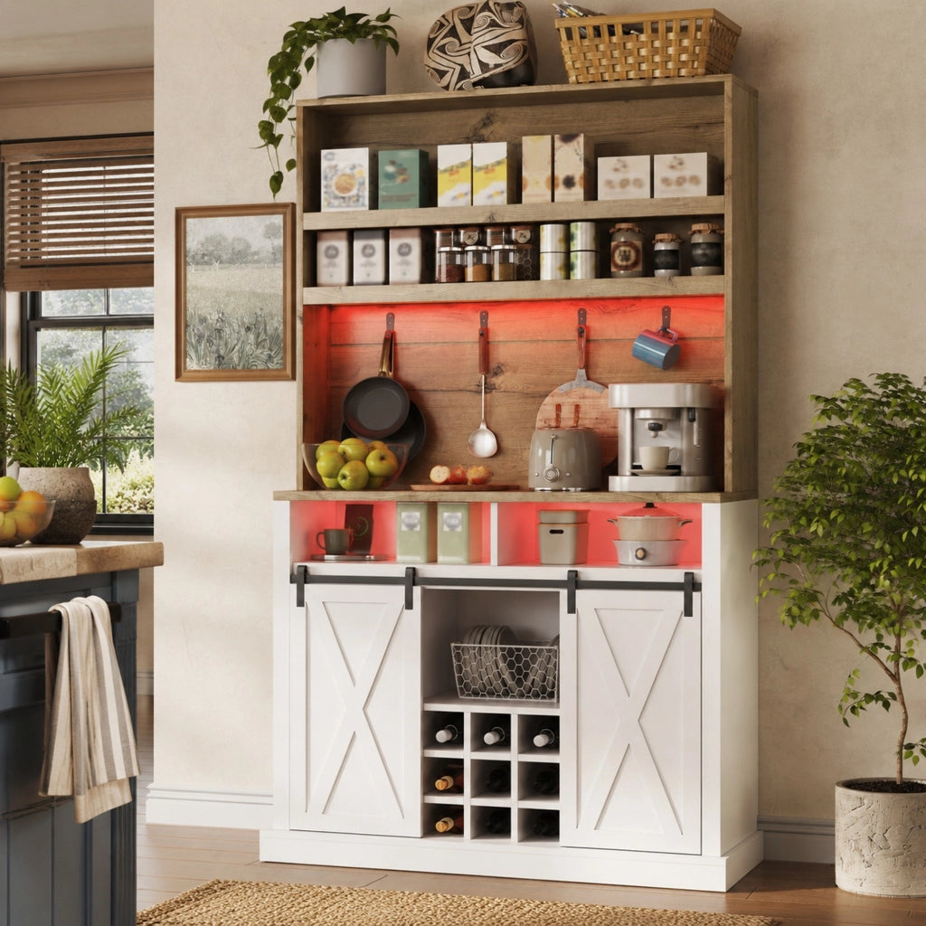 Colonna cucina con LED RGB, prese USB e vetrina, 110x40x191 cm