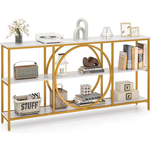 Tavolo consolle a 3 piani con piano in marmo finto, Tavolo da divano moderno con ripieni Bianco + Oro-Consolle