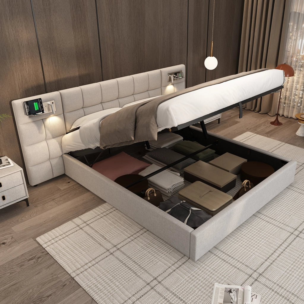 Letto matrimoniale imbottito 180x200 cm con sollevamento idraulico; USB; ricarica wireless e luce; grigio
