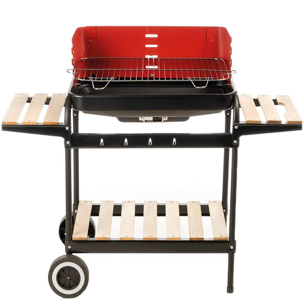 Barbecue Trolley a Carbonella con Ripiani Legno e Griglia Regolabile Portatile