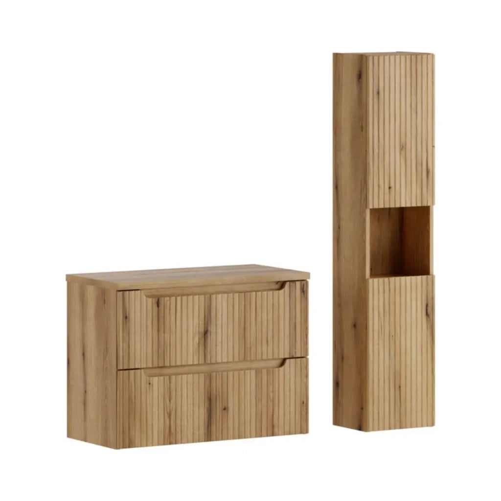 Set da bagno sospeso VANO in rovere chiaro 110cm: mobile sottolavabo con cassetti + piano per lavabo + colonna