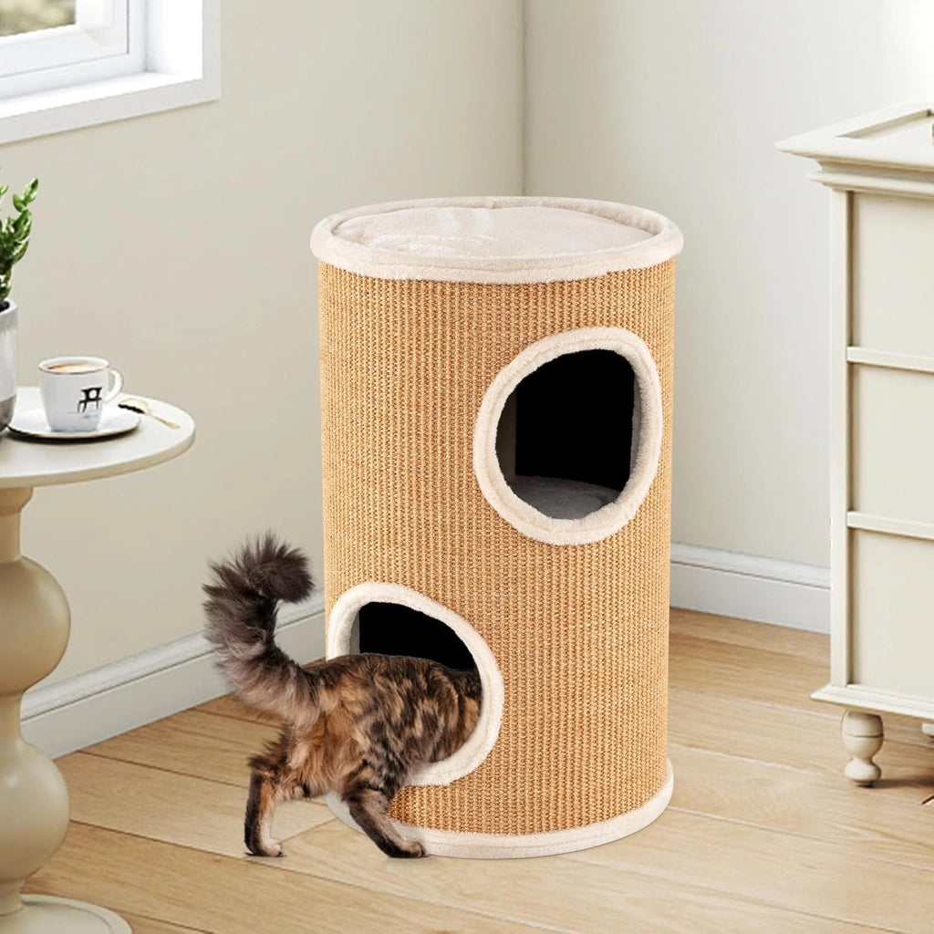 Cuccia per Gatti a 3 Piani, Cassetta Multilivello con Tappetino per Graffi in Sisal e Letto Morbido per Pisolini, Torre a Forma di Barile per Gattini, 36 x 36 x 60 cm