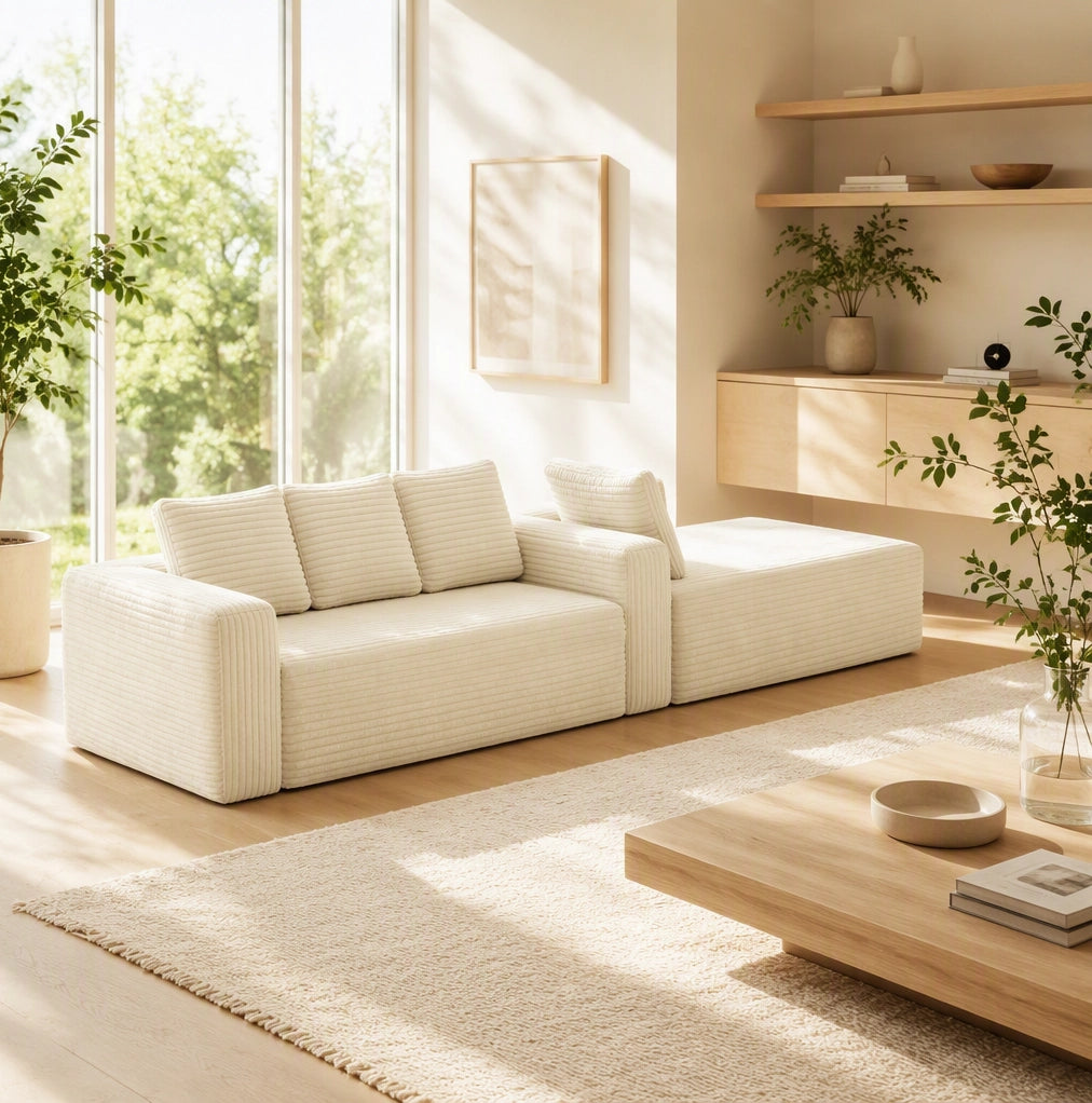 Divano modulare angolare a L con chaise; senza montaggio; beige in velluto a coste