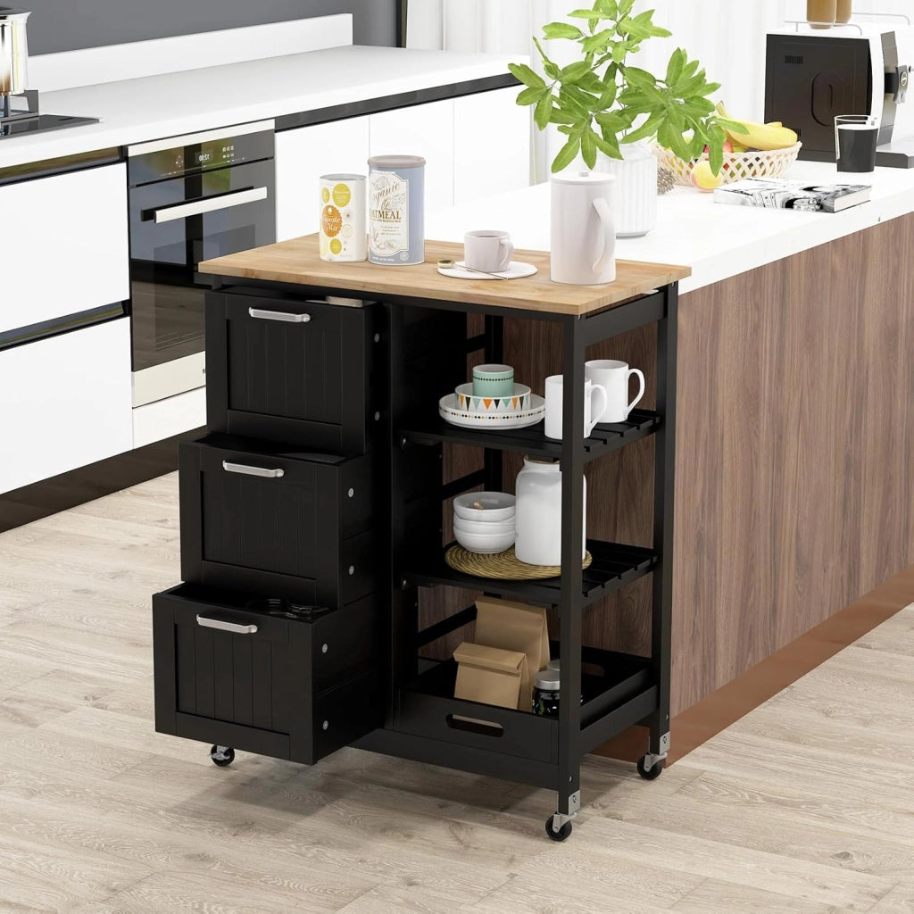 Carrello di Servizio con 4 Ripiani, Scaffale da Cucina con Rotelle, Mobiletto Cucina Salvaspazio con 3 Grandi Cassetti, 67x37x83,5 cm, 2 Colori (nero)