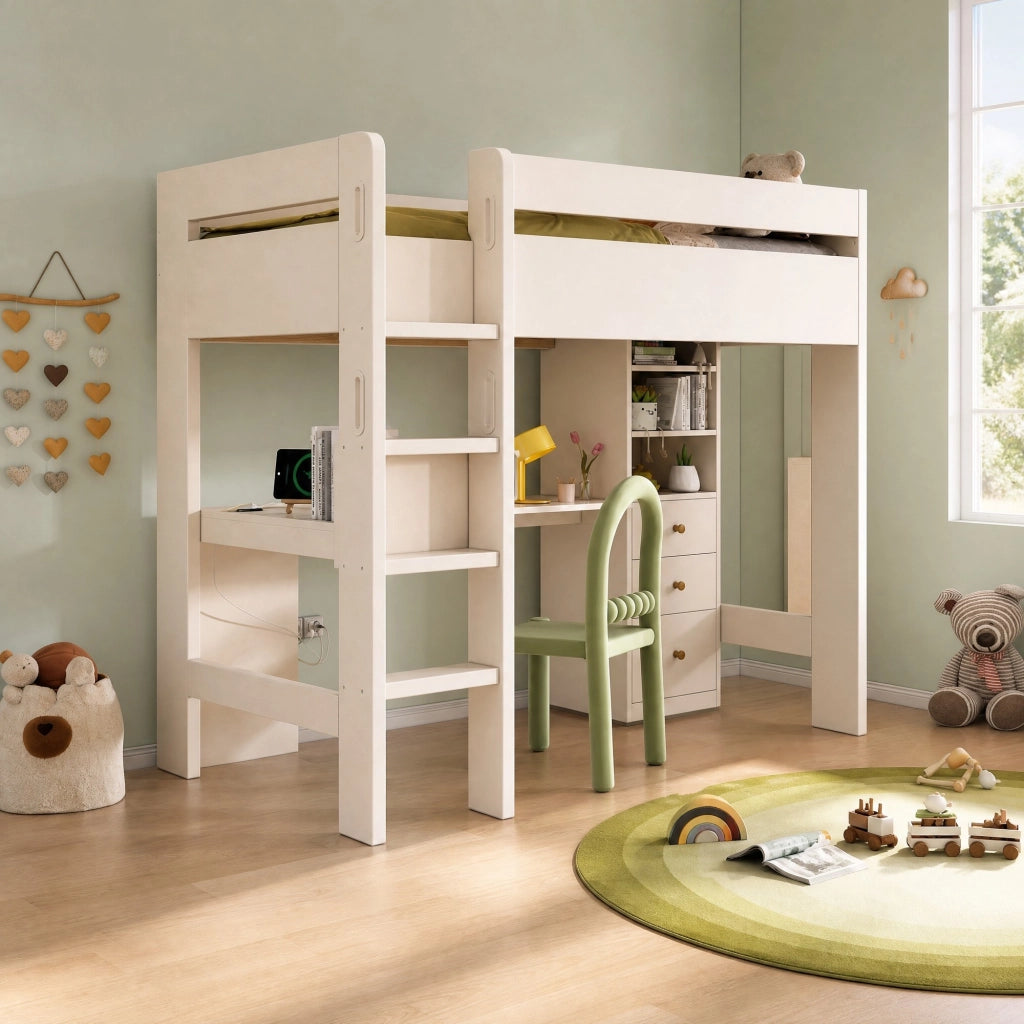 Letto a soppalco per bambini 90 × 200 cm con scrivania a L ripiani cassetti USB Type-C legno bianco