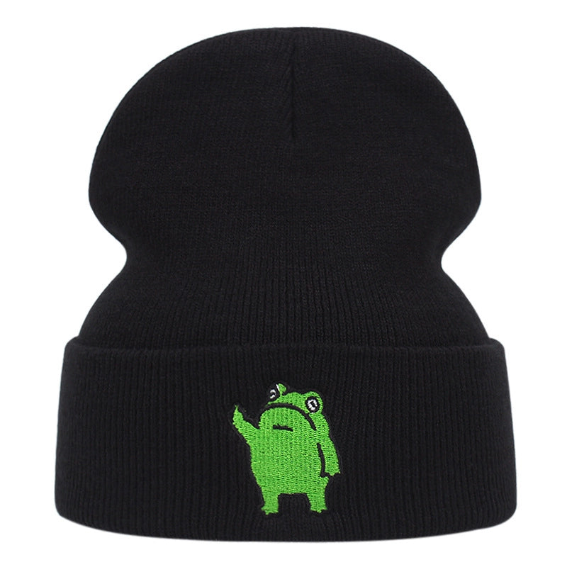 Cappelli invernali caldi lavorati a maglia con rana ricamata, neri