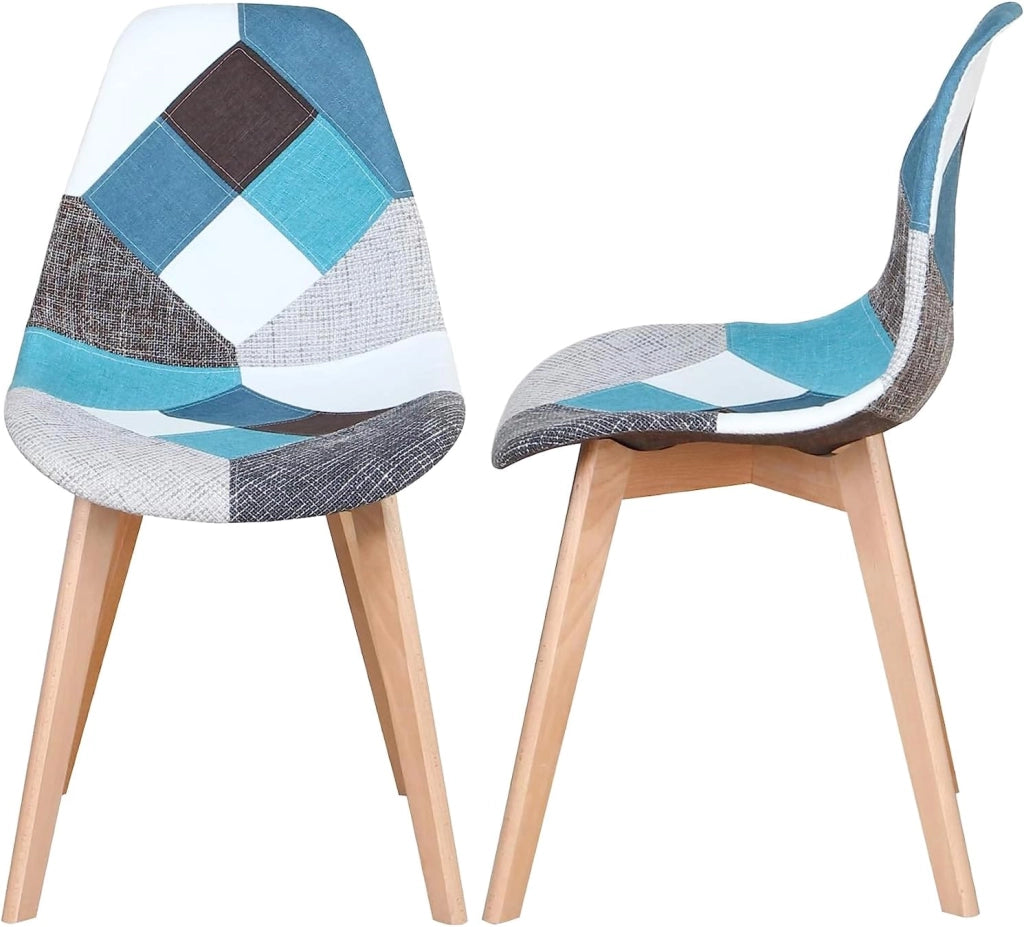 GrandCA HOME Tavolo da pranzo e 4 Sedie da Pranzo Set da Pranzo Moderno, Tavoli Rotonda Bianchi e Cuscino di Seduta in Tessuto Patchwork Sedie da Cucina, Blu