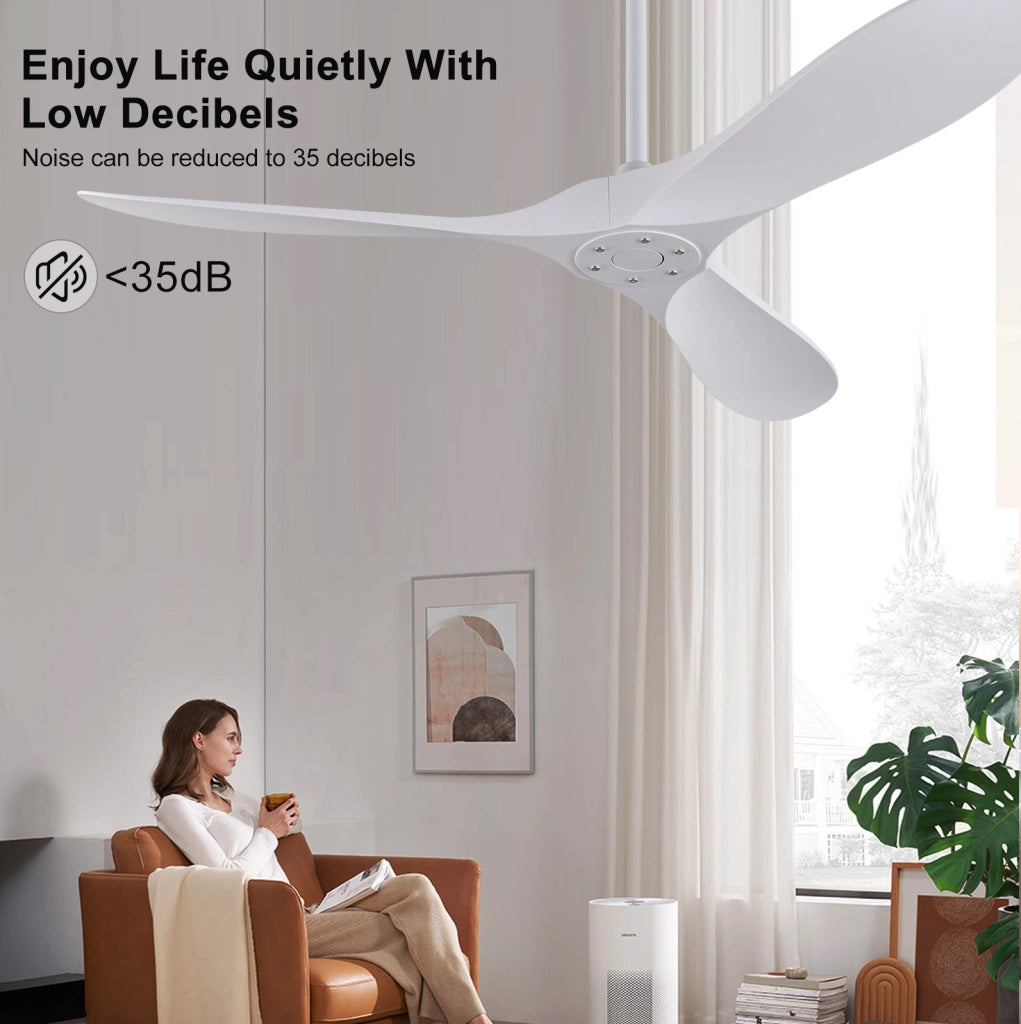Ventilatore da soffitto 52 pollici senza luce con telecomando; motore DC reversibile; bianco