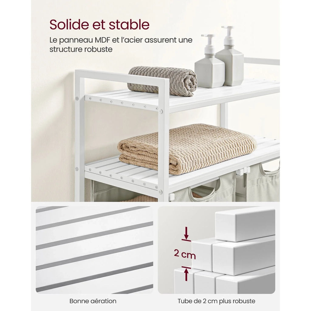 Cesto portabiancheria con 2 scomparti e 2 ripiani sacchetti estraibili capacità 46 litri per sacchetto per bagno/lavanderia marrone rustico e nero 12_0006754