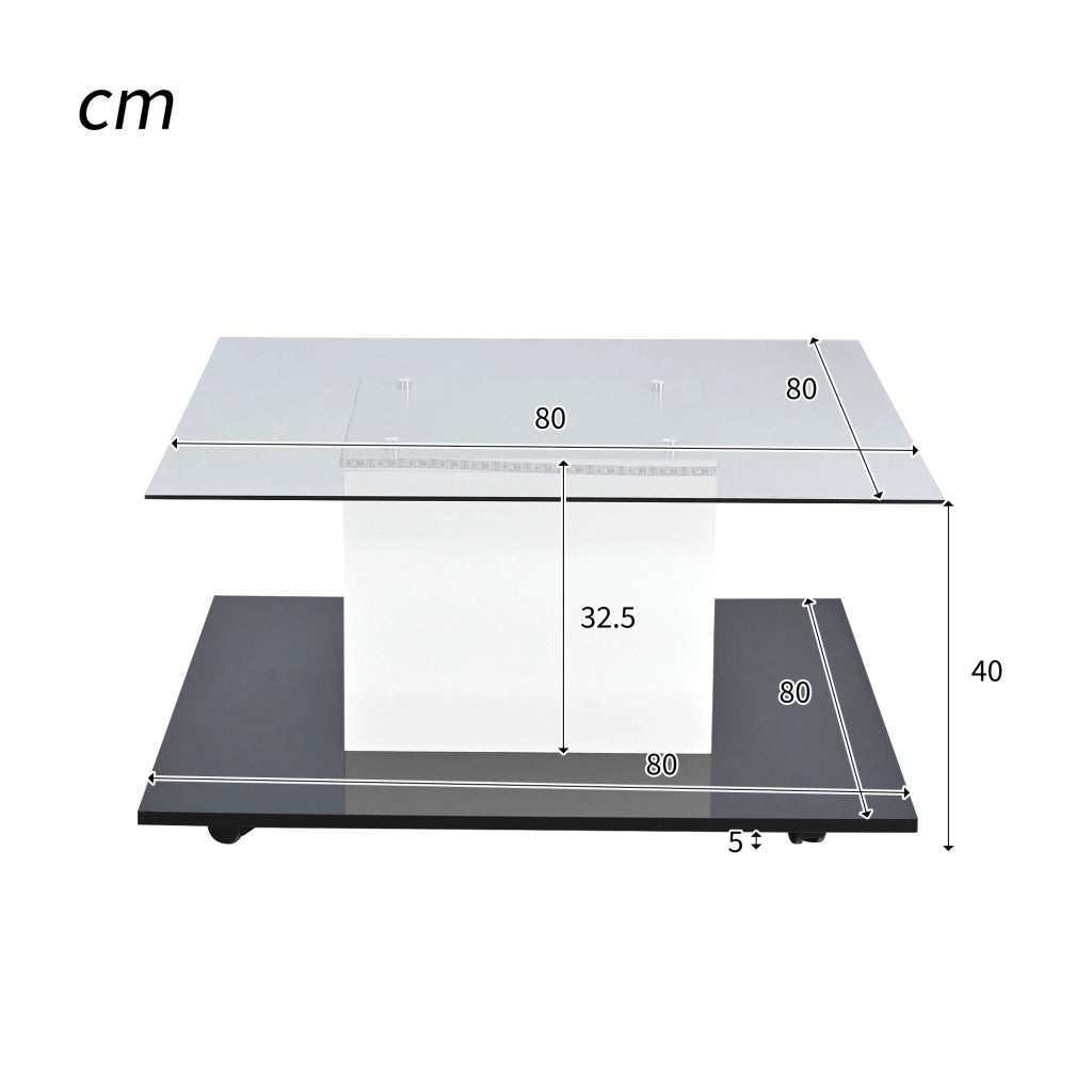 Tavolino basso fisso con piano in vetro temperato; LED regolabile e ruote piroettanti per soggiorno; 80×80×40 cm