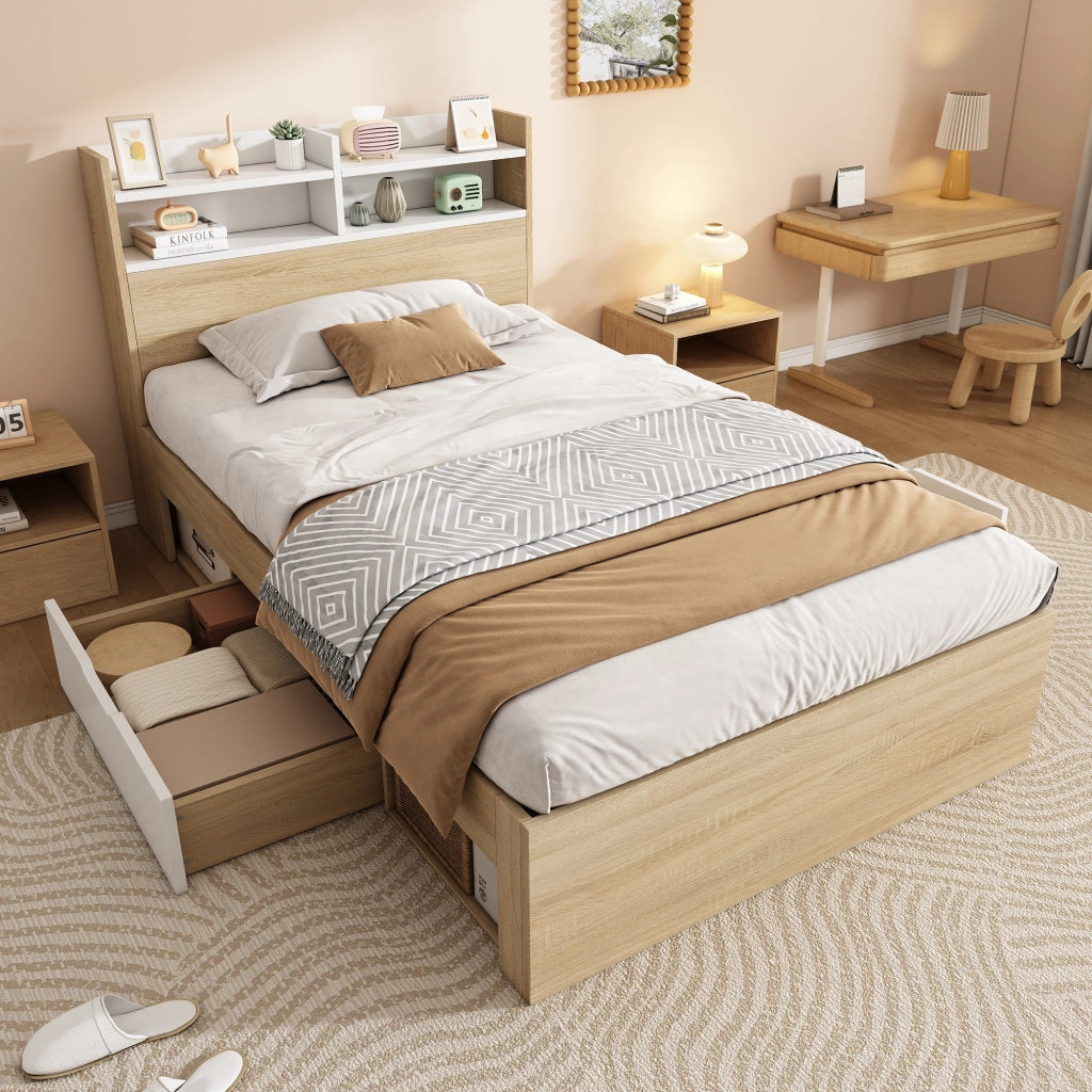 OKWISH Letto Singolo 90×200 cm con 2 Cassetti, Contenitore e Mensole, senza Materasso, in Legno, Bianco e Rovere