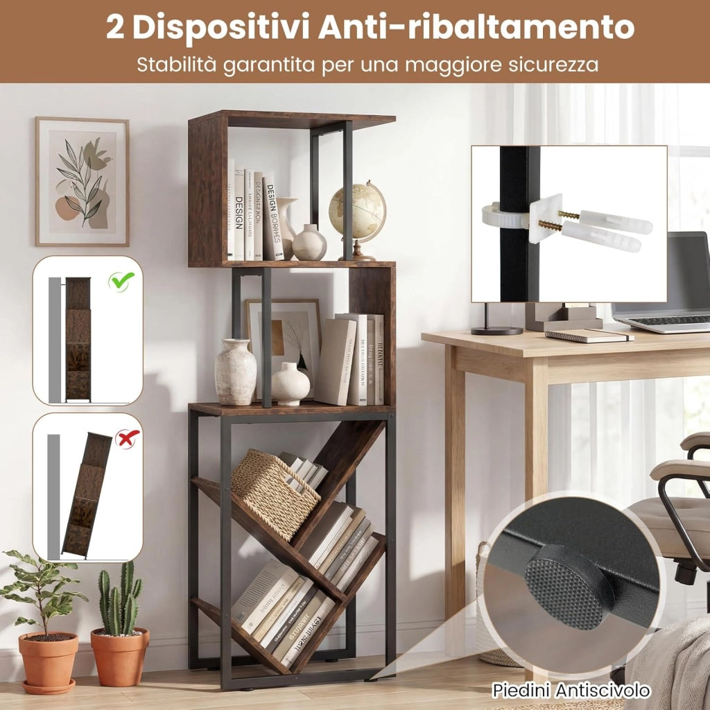 Libreria Scaffale, Librerie Verticali da Terra a 6 Ripiani Aperti, Scaffale Alto Industriale a S e Albero, 39,5 x 25 x 122 cm, per Soggiorno, Ufficio e Camera da Letto