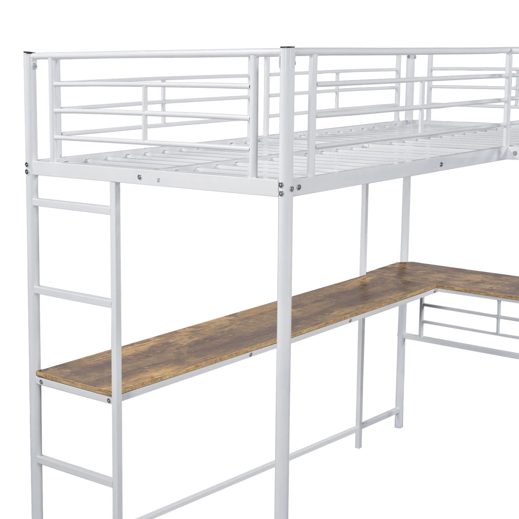 OKWISH Letto a Soppalco 90×200 cm, Letto Singolo con Scrivania, Scala Doppia e Sponda Alta, senza Materasso, Metallo e MDF, Bianco