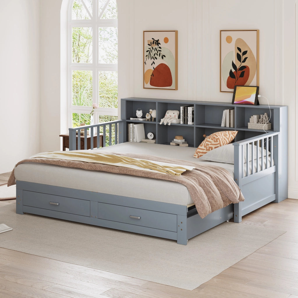 OKWISH Letto Divano Estraibile 90×190 cm, Letto Singolo con Presa, 2 Cassetti e Mensole, senza Materasso, in Legno, Grigio