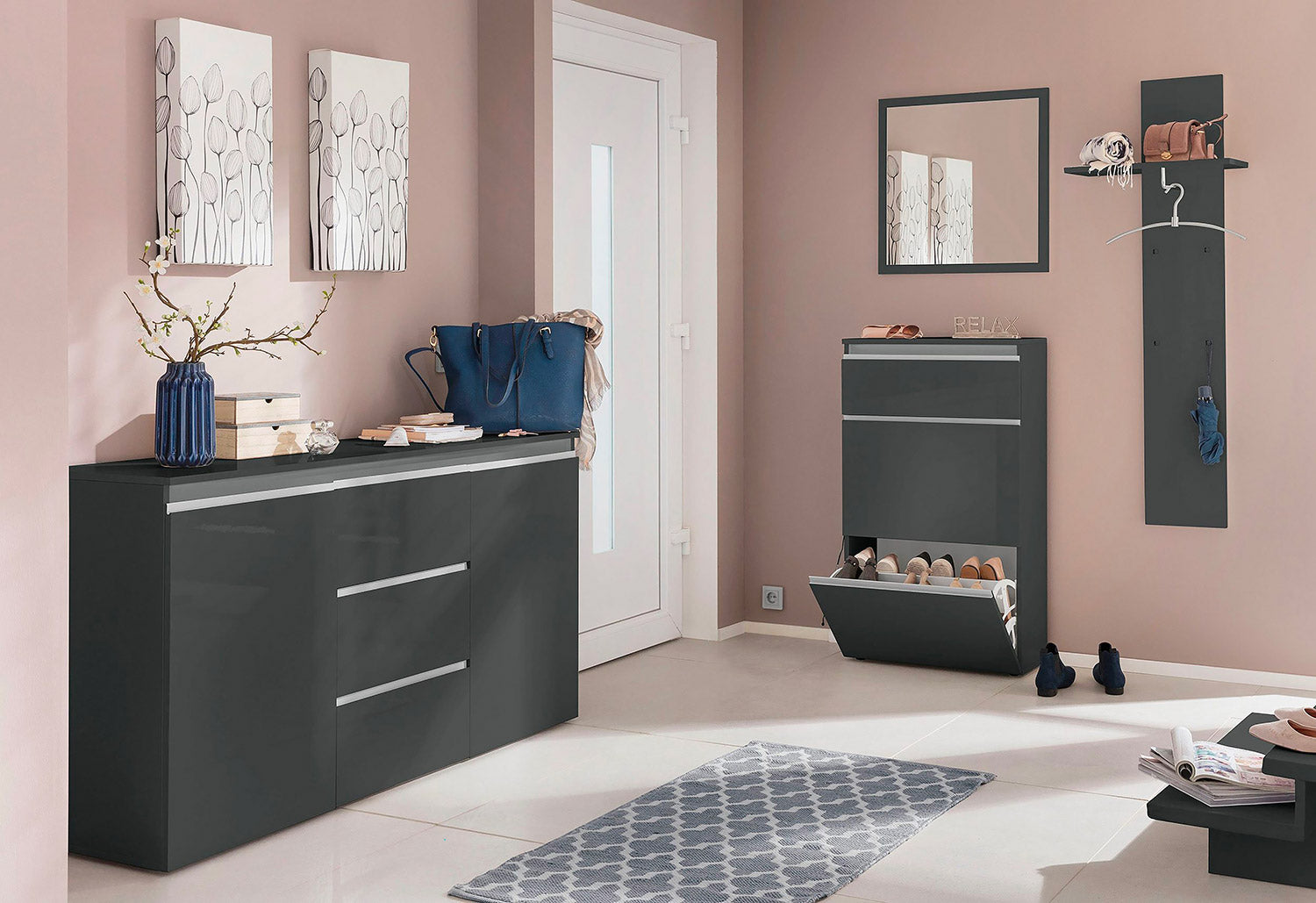 Scarpiera 2 Ante e 1 Antina a Ribalta 110x40x47,7 cm Magic Antracite Lucido