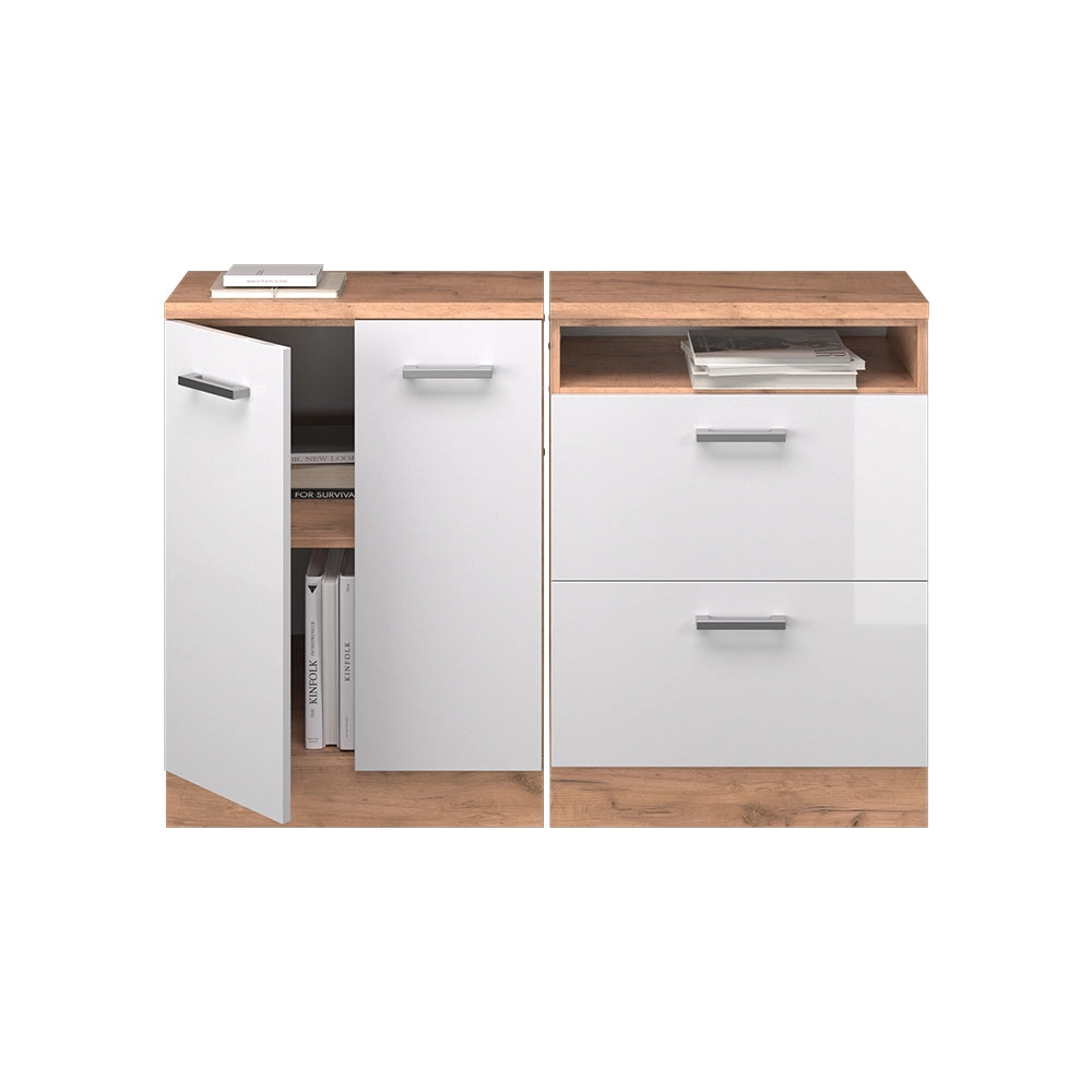 Set di mobili sottotetto Rion Bianco lucido/Rovere dorato 120 cm Set di 2 carcasse armadio profondità 60 cm Vicco
