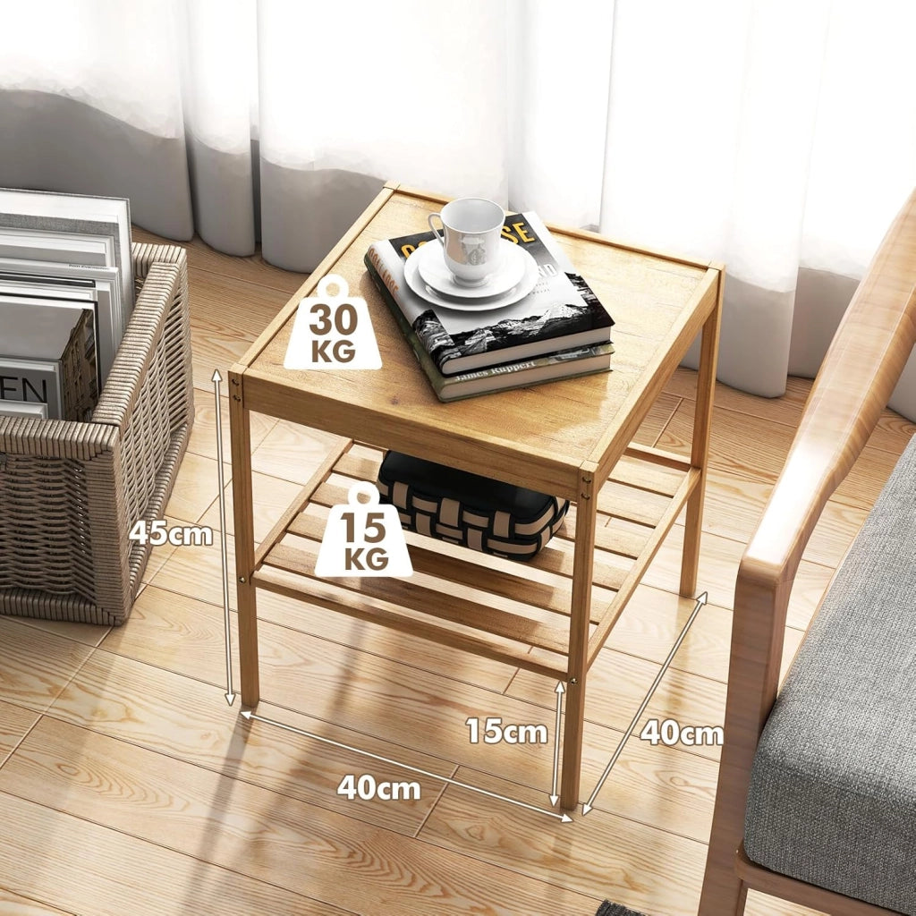 Set 2 Comodini a 2 Livelli 40x40x45cm in Bambù, Tavolino Moderno Camera da Letto, Mobile da Divano e Letto per Soggiorno e Ufficio, Naturale