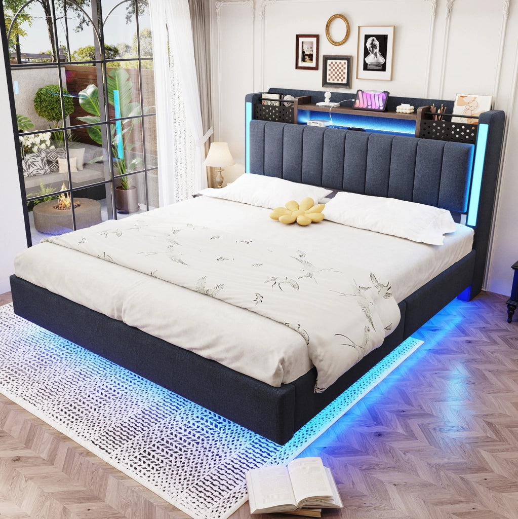 Letto imbottito 140x200 cm con USB e LED; lino; grigio (Senza materasso)