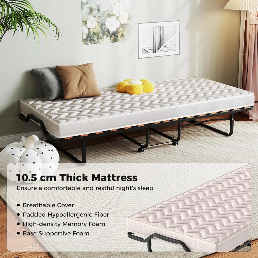 Letto Pieghevole 90x200 cm con Memory Foam, Lettino Pieghevole per Gli Ospiti con 4 Ruote, Sgabello e Bracci, Letto da Viaggio per Adulti, Doppia Sedia a Doghe, Nero e Beige, Made in Italy