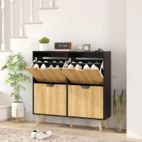 Mobile Portascarpe Stretto con 4 Cassetti Ribaltabili e Ripiani Regolabili per 16 Paia 95x26x95 cm Naturale e Nero