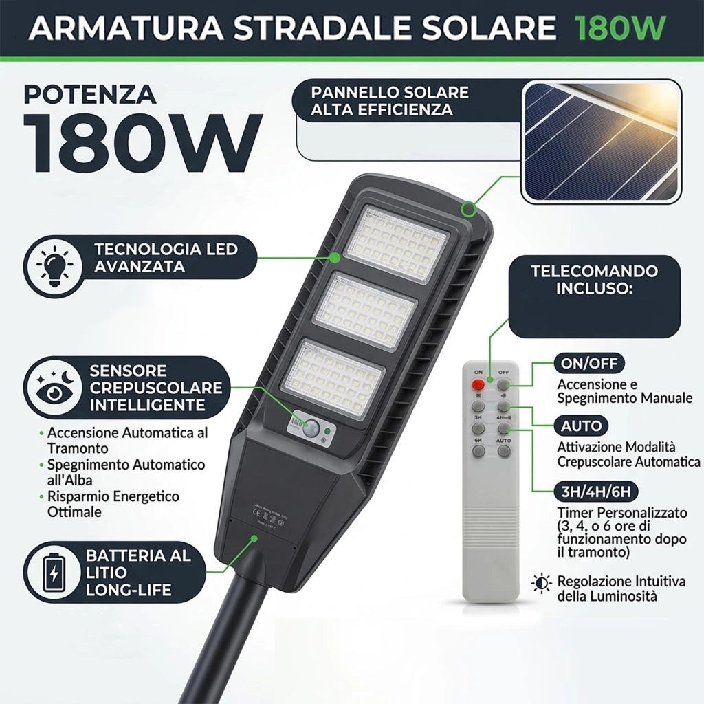 Armatura Stradale Solare LED 180W Sensore Crepuscolare IP65 Pannello Fotovoltaico Luce Sicurezza Viali Giardino Cancello