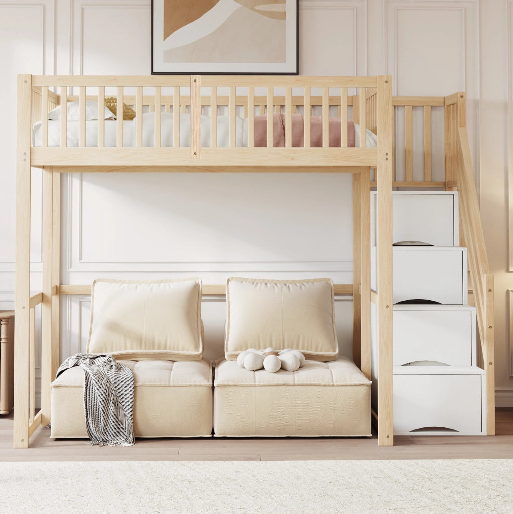 Letto a soppalco 140x200 cm in legno con scala contenitore e protezione