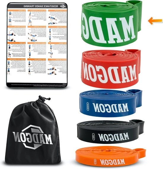 Set di 5 bande di allenamento elastico - bande di fitness robuste per tutte le articolazioni con borsa e guida in PDF.