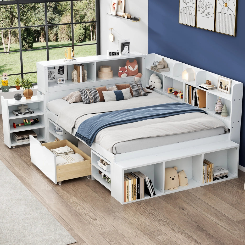 OKWISH Letto Bambini 140×200 cm, Letto Singolo con 1 Cassetto, Libreria e Armadietti, senza Materasso, in Multistrato, Bianco