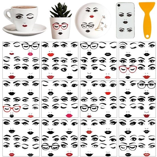 Sticker trasferimento viso 12 fogli - Labbra/Bocca/ Occhi/Ciglia/Naso - Decorazione per finestre - Sticker per mobili - 14 x 14 cm - Materiali per bricolage - Sticker decorativi