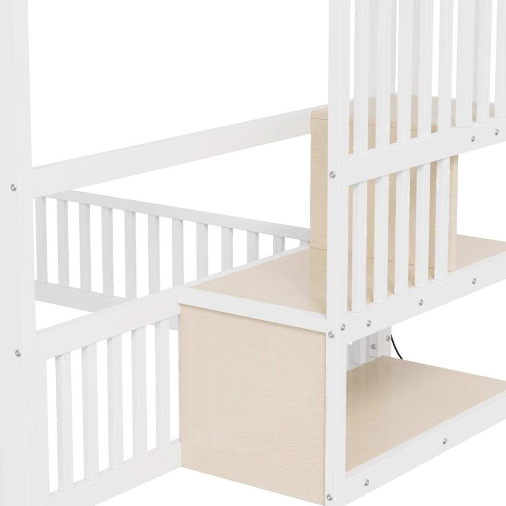 Letto a castello 140 × 200 cm con scala contenitore, LED regolabile, senza materasso, bianco