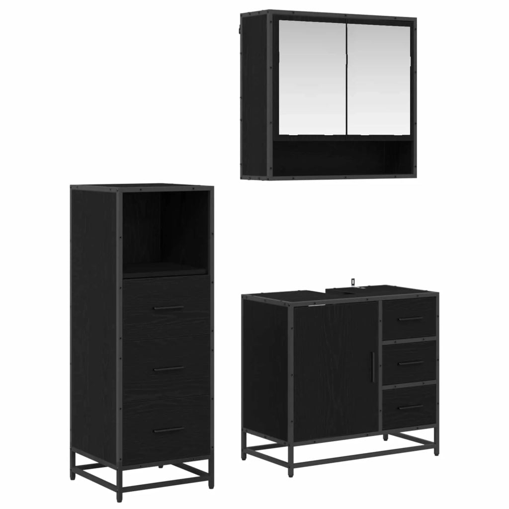 Set di mobili per il Bagno | Armadio da bagno 3 pz Rovere Nero Legno multistrato