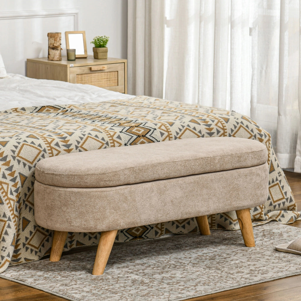Panca Fondo Letto Imbottita con Spazio Portaoggetti a Scomparsa, in Legno e Poliestere, 110x40x43 cm, Beige