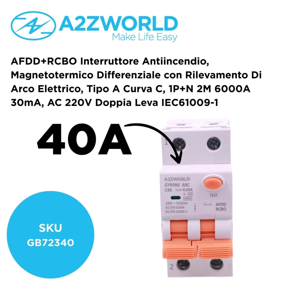 AFDD+RCBO Interruttore Antiincendio, Magnetotermico Differenziale con Rilevamento Di Arco Elettrico, Tipo A Curva C, 1P+N 2M 6000A 30mA, AC 220V Doppia Leva,GYR9NE-ARC,10A 16A 20A 25A 32A 40A (C40A)