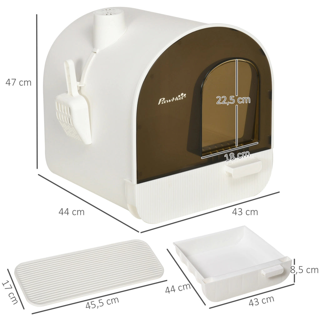 Toilette chiusa per gatti in plastica bianca con tappetino e paletta