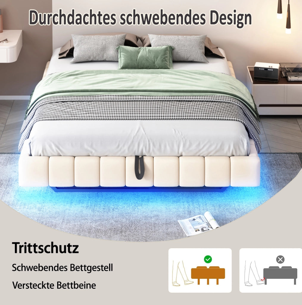 Letto imbottito 180x200 cm con contenitore; LED a colori e struttura sospesa; lino beige
