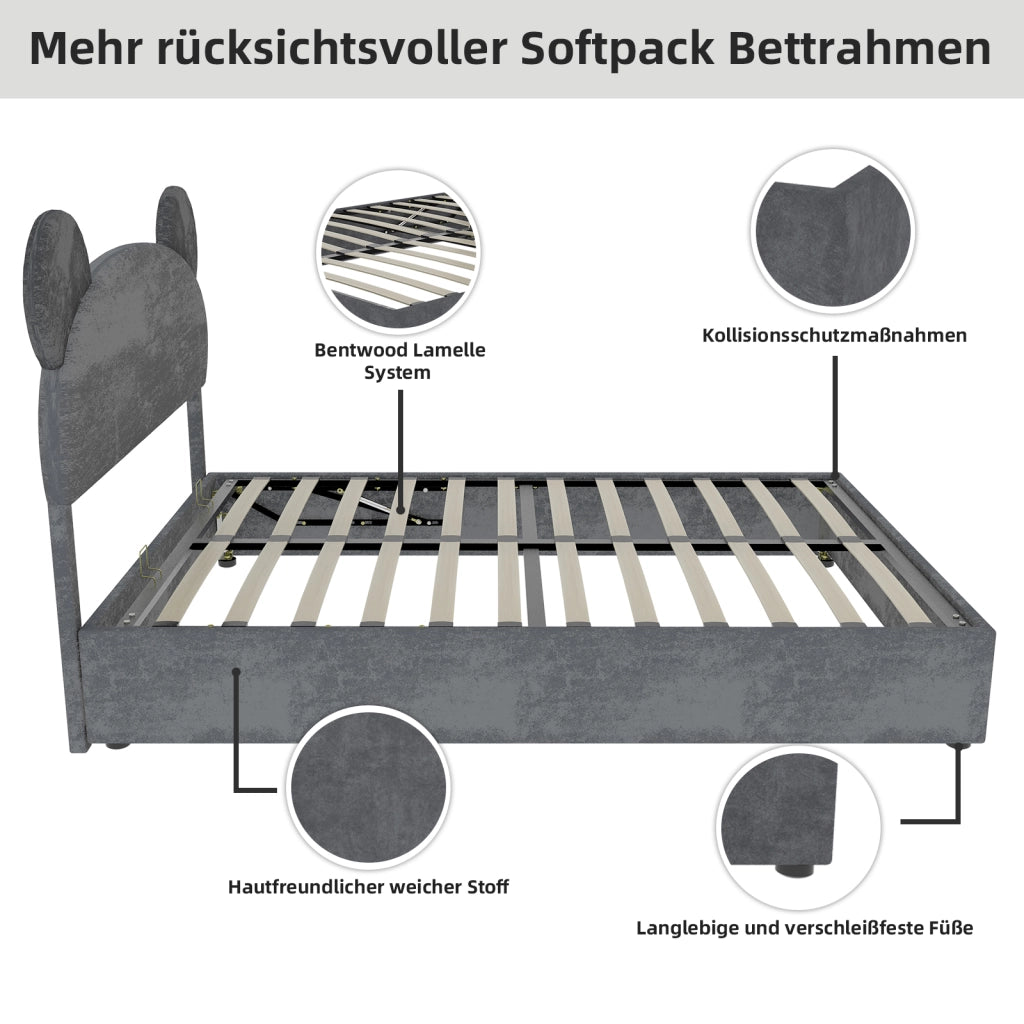Letto Matrimoniale 140x200 cm; Testiera Sagomata; Contenitore a Gas - in Tessuto e Metallo - Grigio