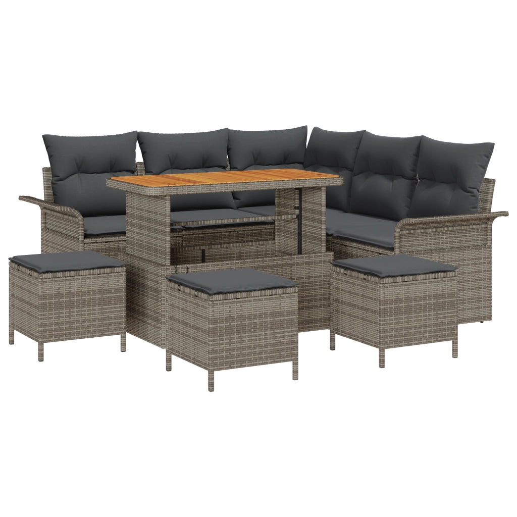 Set di divani da giardino  9 pezzi con cuscini grigio in polyrattan e acacia