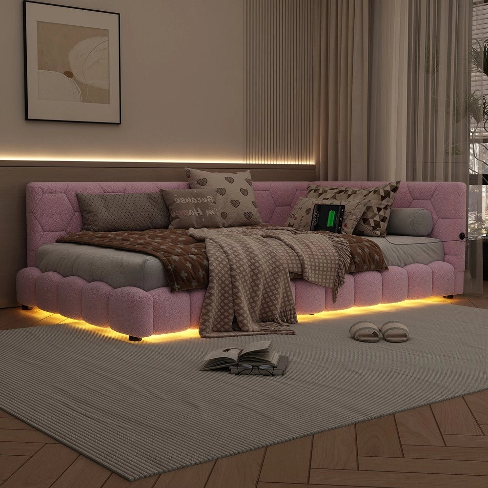 Letto con testiera led e rete a doghe ¨C Minimal ¨C rosa tessuto 90x200cm con porta USB e Type-C