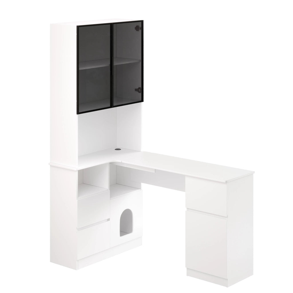 Scrivania angolare con libreria e vetrina LED, 3 cassetti, 2 porte e passacavi, per home office, 120 × 80 × 180 cm