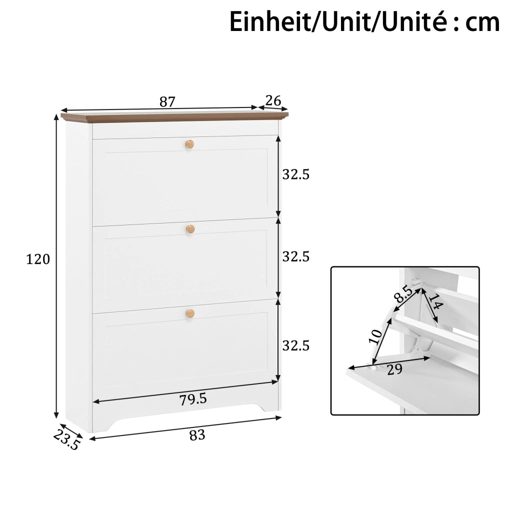 Mobile Scarpiera con 3 Ante a Ribalta; Piano Marrone e Maniglie Rotonde; Stile Country; in MDF; Bianco; 87×26×120 cm
