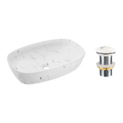 Lavabo ovale da appoggio 60x30 cm bianco effetto marmo con piletta clic clac