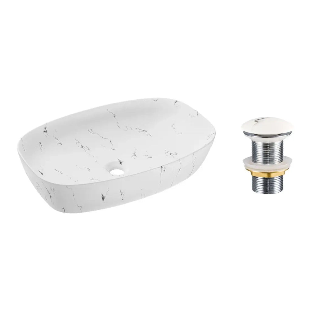 Lavabo ovale da appoggio 60x30 cm bianco effetto marmo con piletta clic clac
