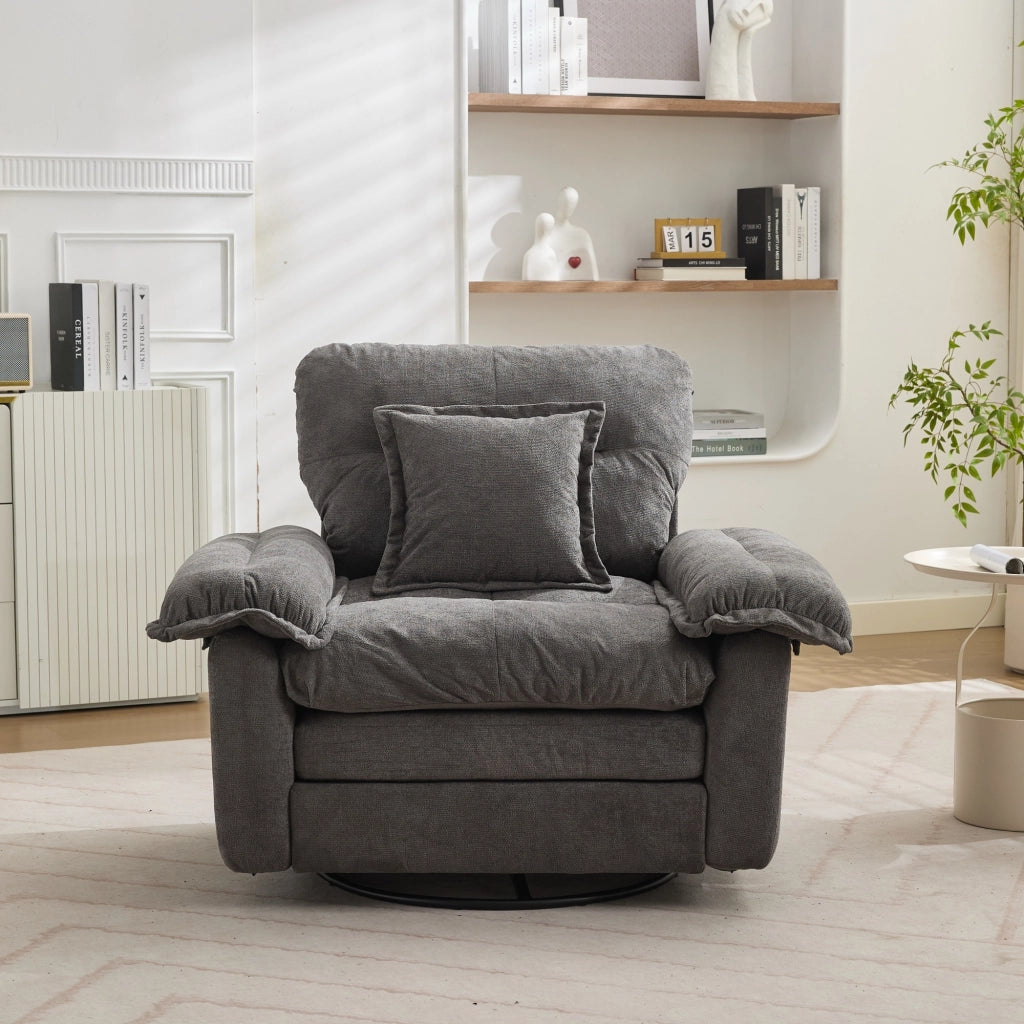 Fauteuil girevole a 360° oversize con cuscino di supporto e base in metallo in ciniglia grigia