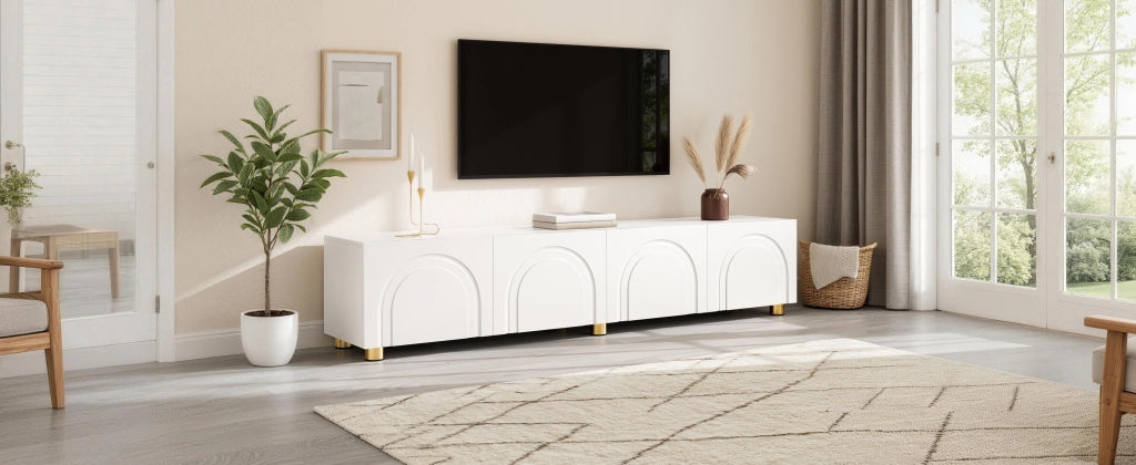 Mobile porta TV con 4 ante e rilievo ad arco, per soggiorno, in MDF e pannello truciolare, bianco, 180 × 35 × 40 cm