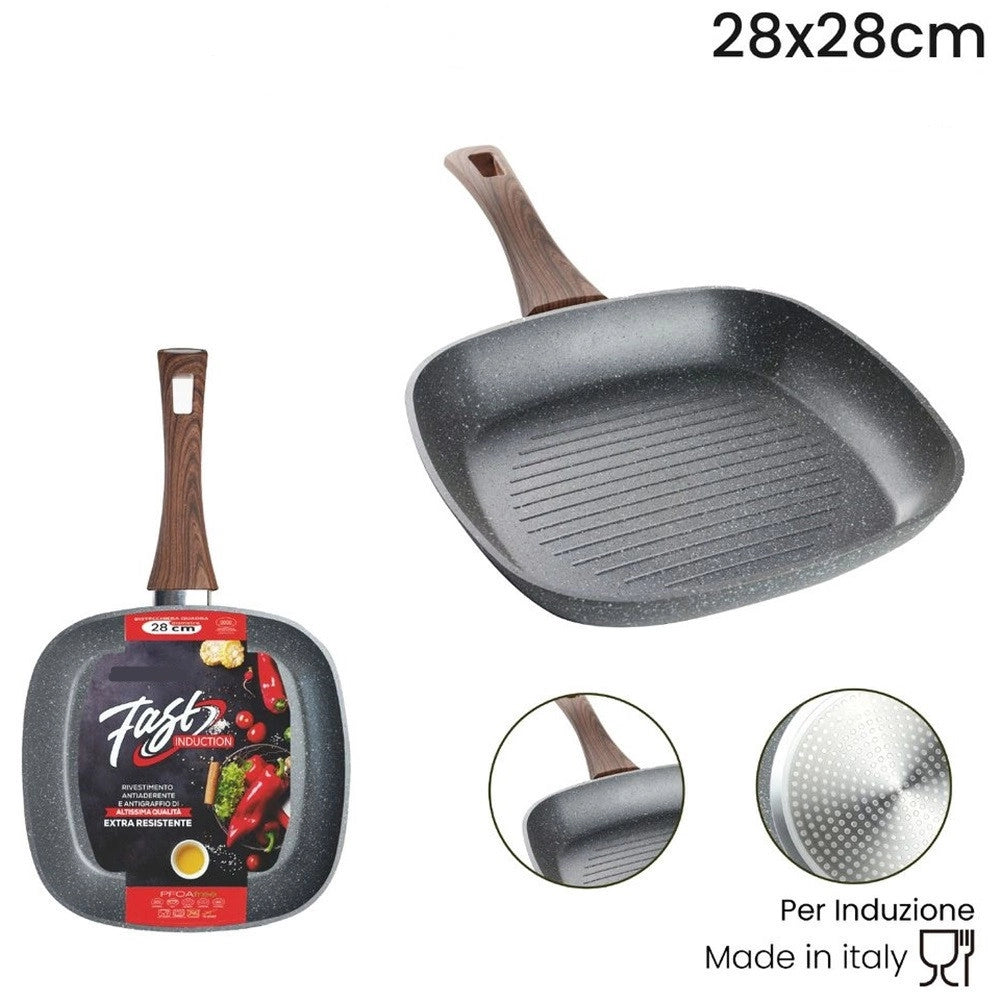 Trade Shop - Bistecchiera Quadrata Antiaderente Antigraffio Per Induzione Manico Legno Da 24x24/28x28cm -    -28 Cm   -